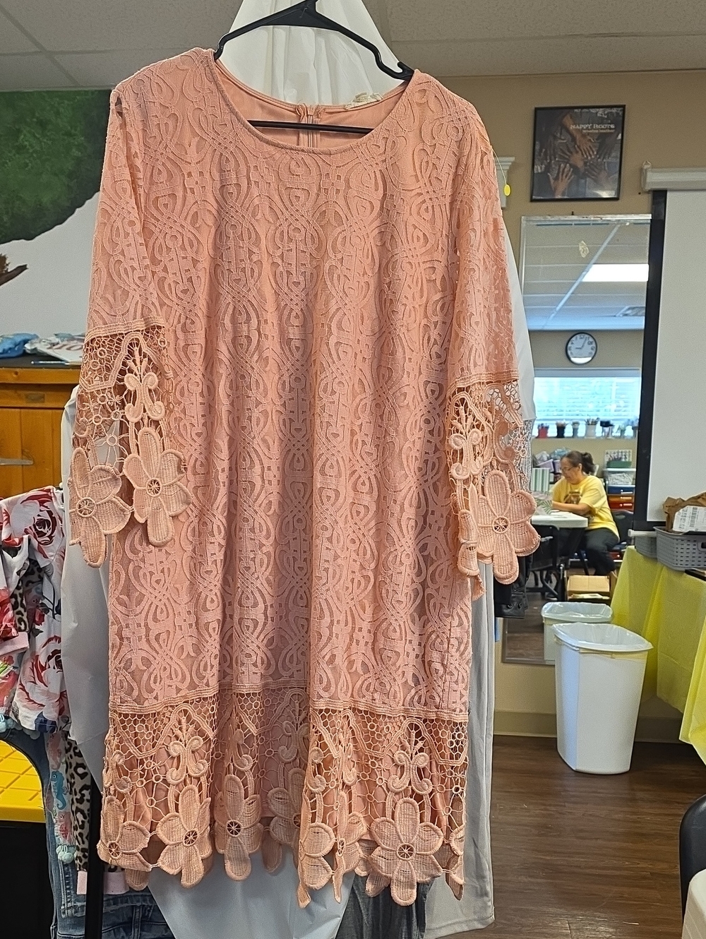 Peach Lace Midi Dress with Floral Crochet Trim
